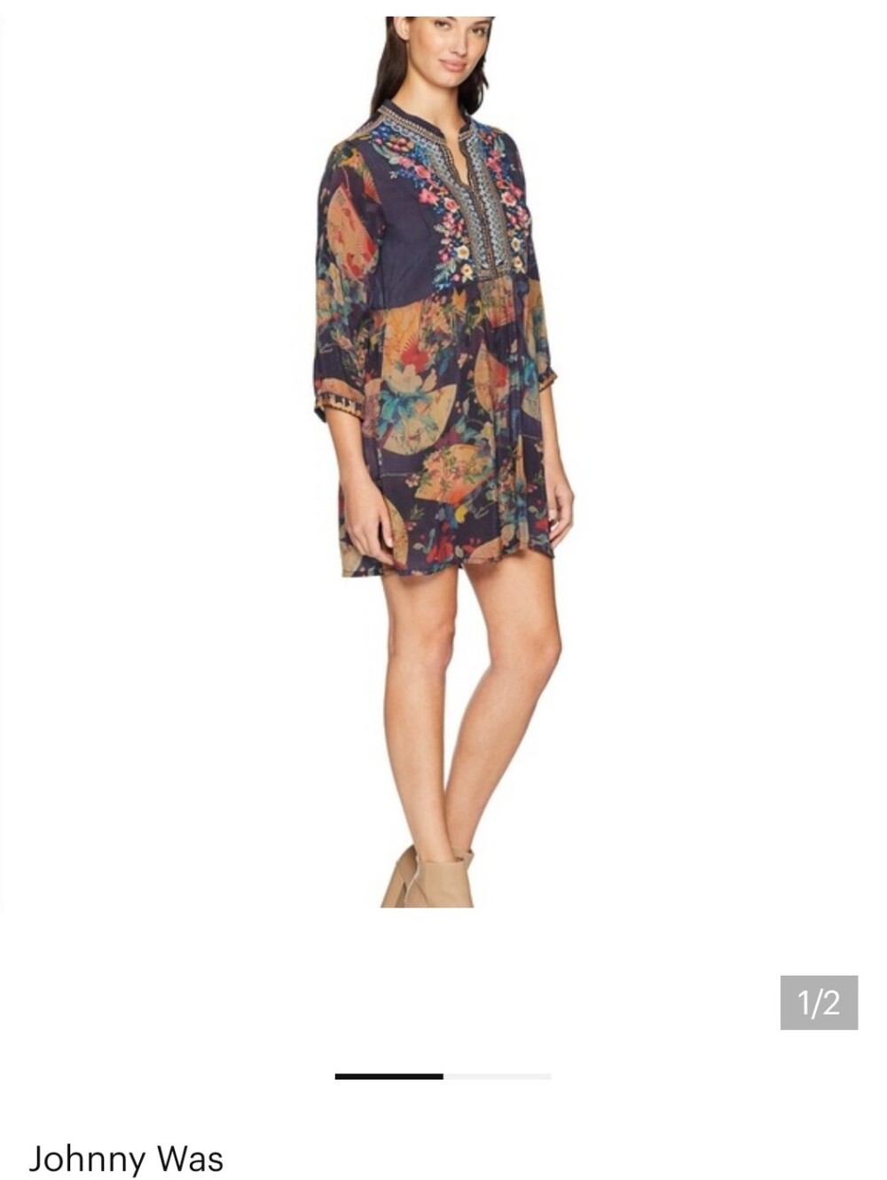 Johnny Was Navy Multicolor Floral Embroidered Tunic Mini Dress